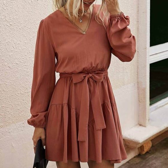 V Neck Lantern Sleeve Belted Dress - redwood - Picture 3 of 4